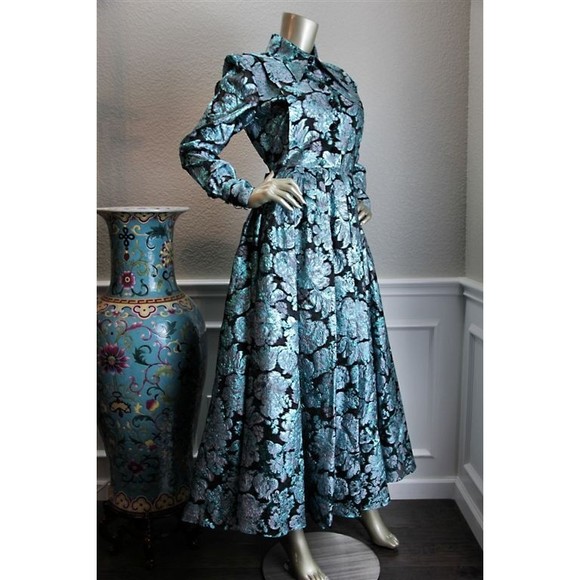 NWT ERDEM Teal Green Metallic Black Gray Floral Flower Gown Midi Dress 44 8 - Picture 4 of 11